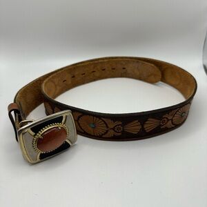 Tooled Leather Belt & Buckle with Oval Stone Women’s Size 32 Made in U.S.A. Gold